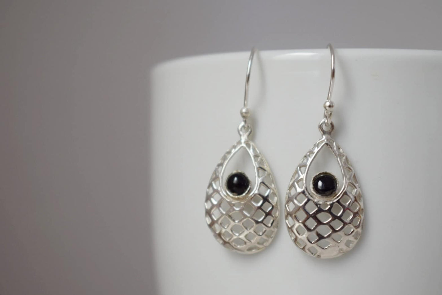 Black onyx dangle earrings with sterling silver teardrop ornament pendant and 925 silver earrings hooks, Boho gemstone jewelry, Gift for her
