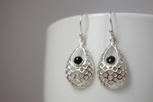 Black onyx dangle earrings with sterling silver teardrop ornament pendant and 925 silver earrings hooks, Boho gemstone jewelry, Gift for her