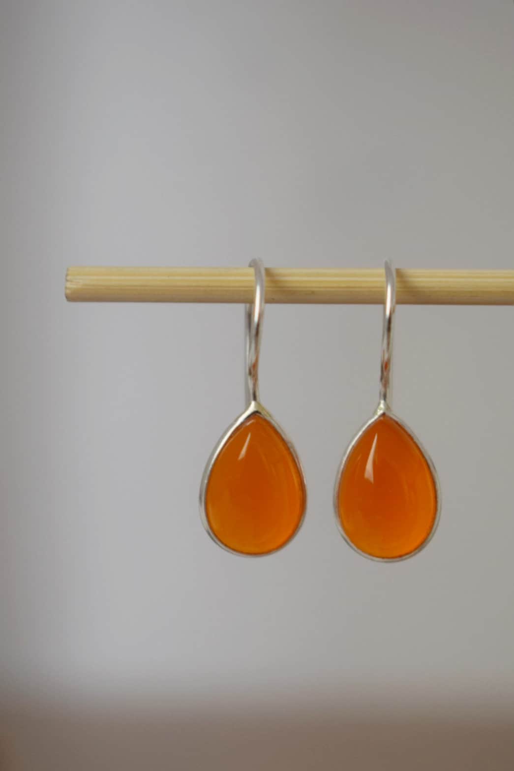 Carnelian sterling silver earrings, Teardrop orange gemstone dangle 925 silver earrings, Natural stone, Unique jewelry gift