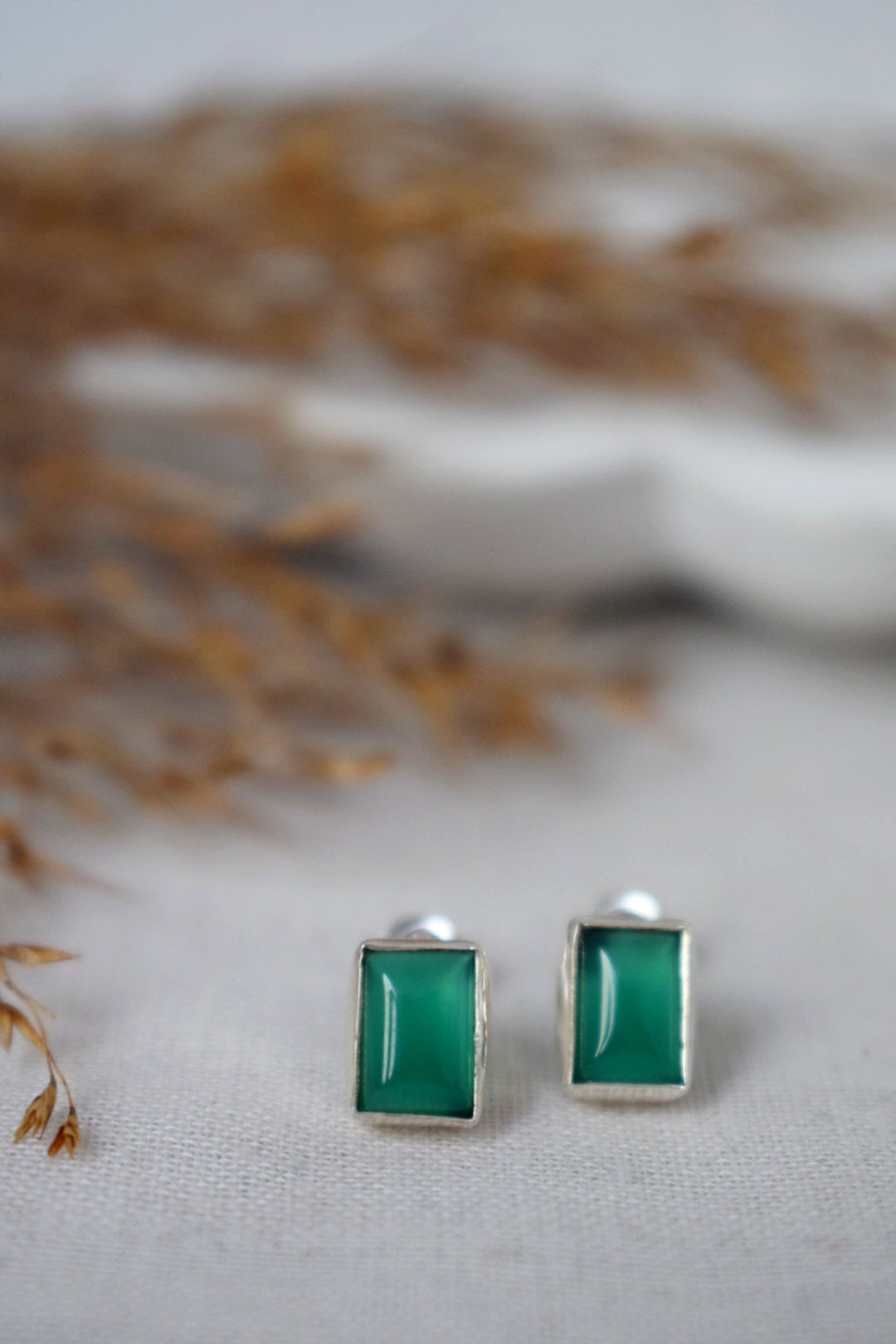 Green Onyx Sterling Silver Stud Earrings, Small Gemstone Jewelry, Natural Stone Minimalist Earrings, Lightweight Studs, Valentine's Day Gift