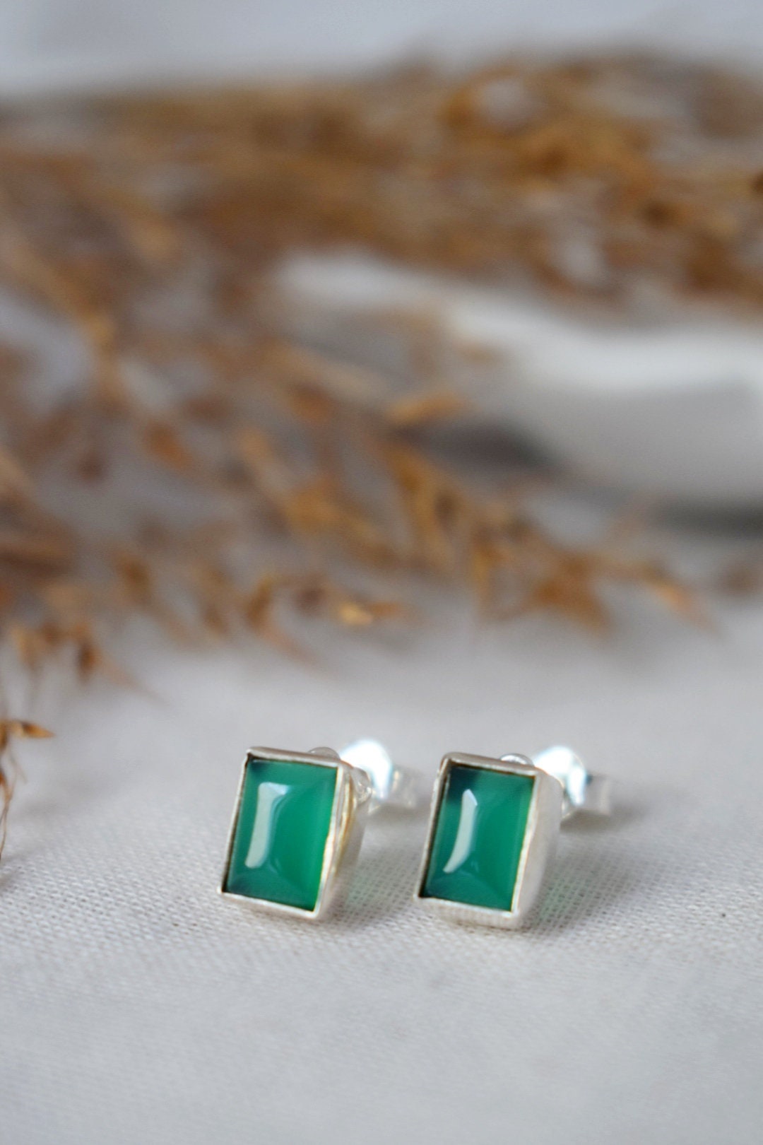 Green Onyx Sterling Silver Stud Earrings, Small Gemstone Jewelry, Natural Stone Minimalist Earrings, Lightweight Studs, Valentine's Day Gift