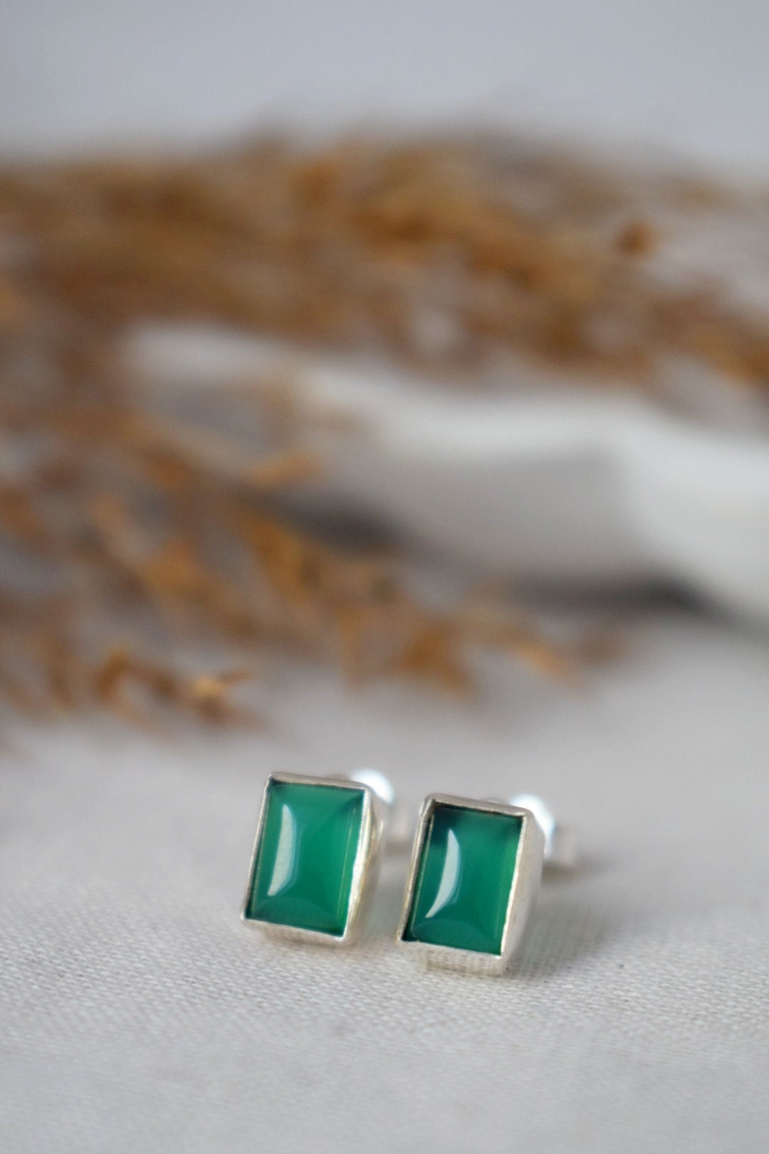 Green Onyx Sterling Silver Stud Earrings, Small Gemstone Jewelry, Natural Stone Minimalist Earrings, Lightweight Studs, Valentine's Day Gift