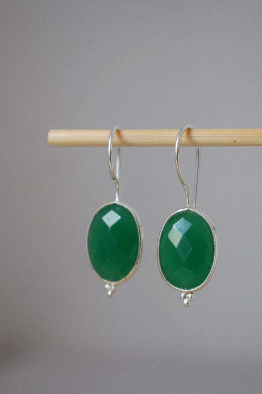 Green onyx earrings, 925 Sterling silver gemstone earrings, Oval faceted natural stone, Unique boho jewelry, Best christmas gift