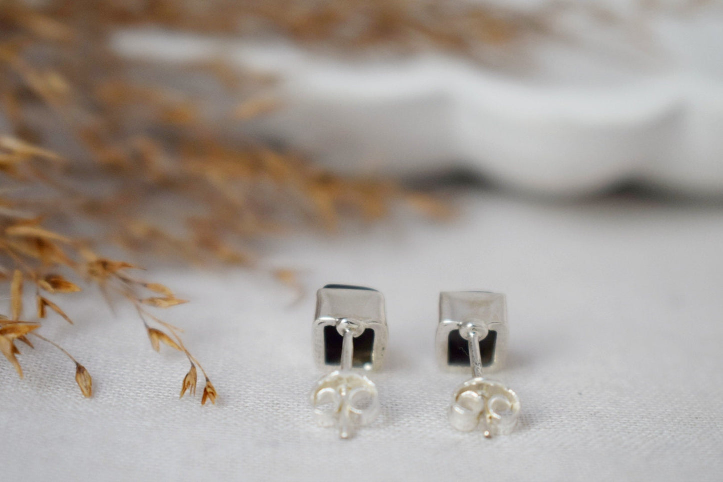Small Black Agate Stud Earrings in Sterling Silver, Rectangle Gemstone Earrings, Birthstone 925 Silver Jewelry, Best christmas gift