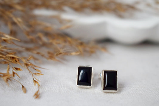 Small Black Agate Stud Earrings in Sterling Silver, Rectangle Gemstone Earrings, Birthstone 925 Silver Jewelry, Best christmas gift