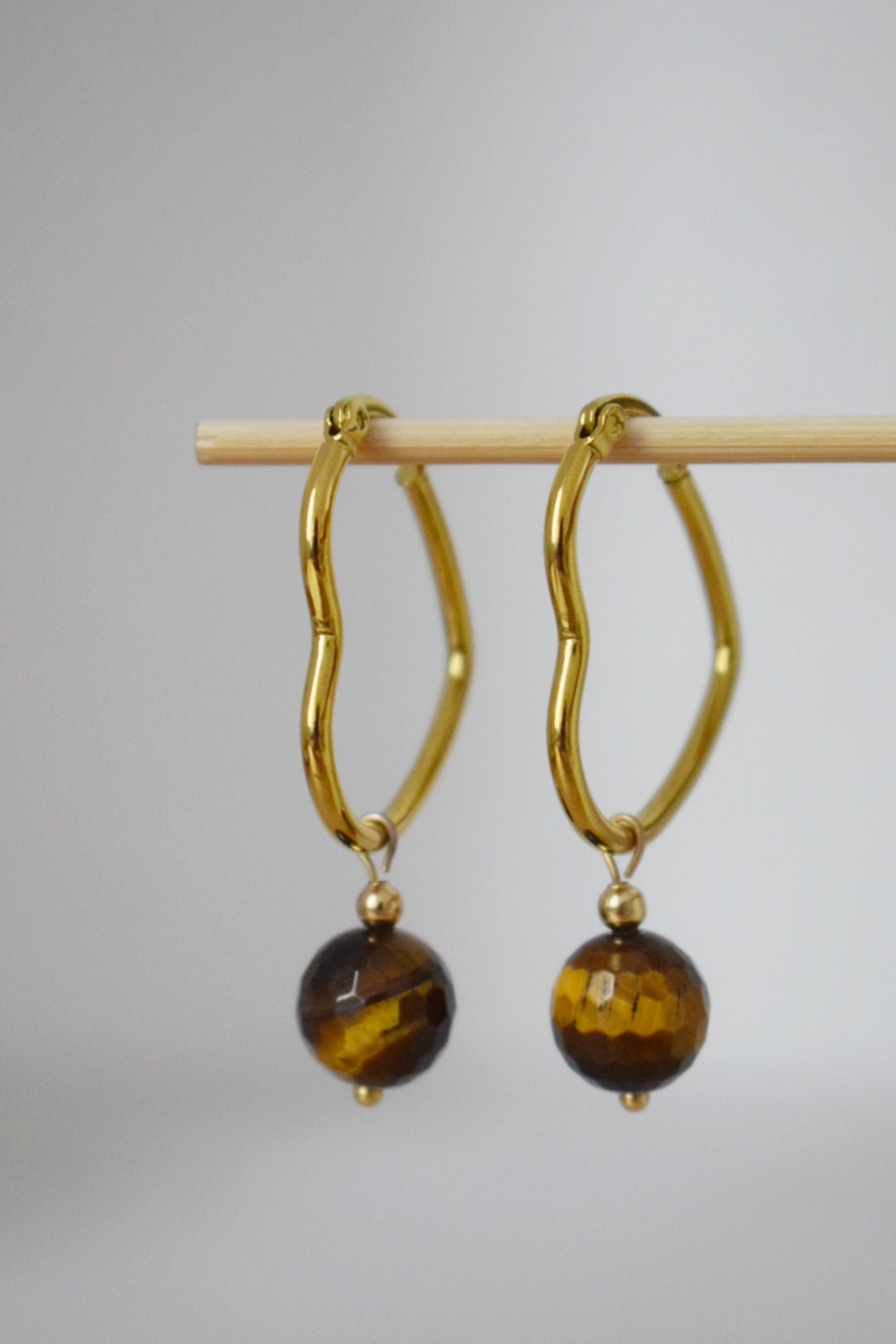 Tiger eye earrings with gold plated stainless steel heart hoops, Gemstone bead pendant, Unique jewelry gift, Best christmas gift