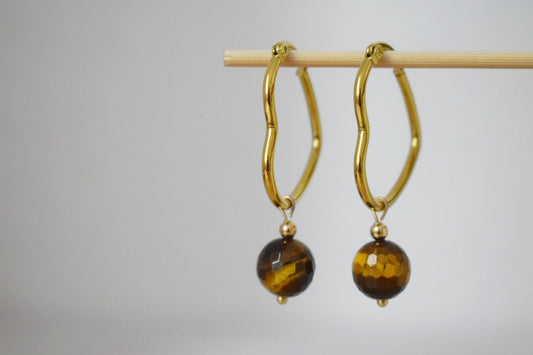 Tiger eye earrings with gold plated stainless steel heart hoops, Gemstone bead pendant, Unique jewelry gift, Best christmas gift