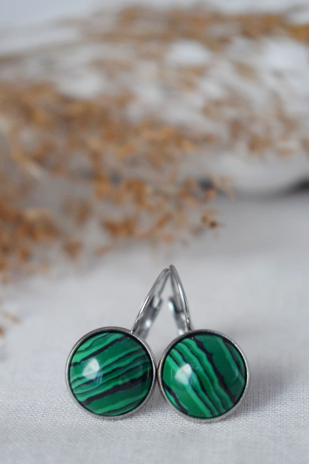 Malachite Dangle Earrings, 12mm Round Gemstone Stainless Steel Lever Back Earrings, Lightweight Jewelry, Best handmade gift for her