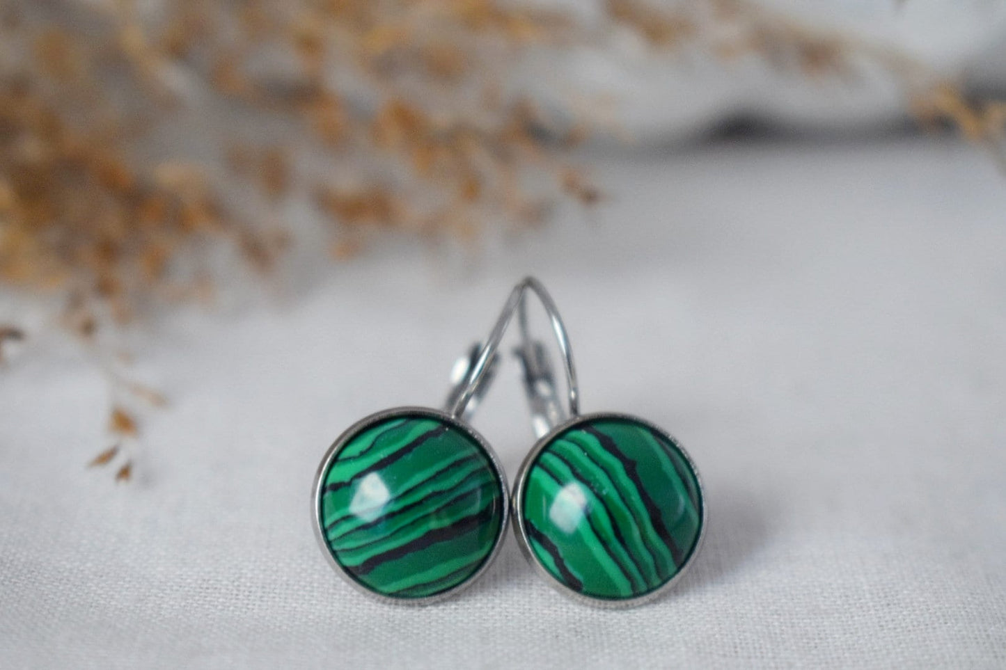 Malachite Dangle Earrings, 12mm Round Gemstone Stainless Steel Lever Back Earrings, Lightweight Jewelry, Best handmade gift for her