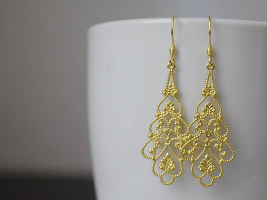 Ornament earrings gold, Long filigree & floral earrings, Vintage, Boho, Stainless steel, Teardrop earrings, Unique, Handmade jewelry gift