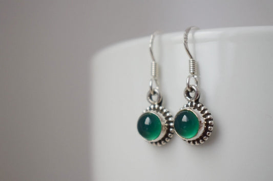 Green onyx earrings, 925 sterling silver jewelry, Round natural gemstone, Ornament boho earrings, Unique best mothers day gift for her