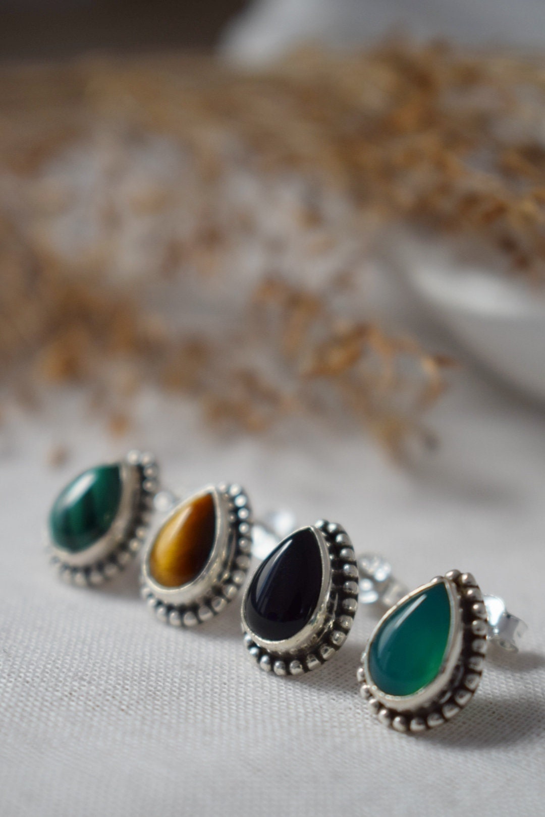 Teardrop Green Onyx Stud Earrings in 925 Sterling Silver, Small Drop Gemstone Studs For Her, Unique natural stone Jewelry, Mothers day gift