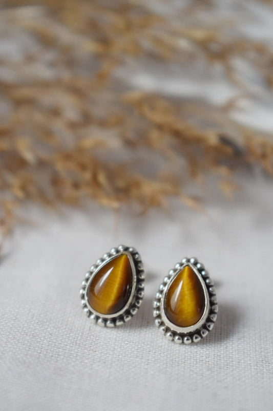 Teardrop Tiger's Eye Stud Earrings, 925 Sterling Silver, Small Brown Gemstone Jewelry, Natural Healing Chakra Stone,  Handmade jewelry gift