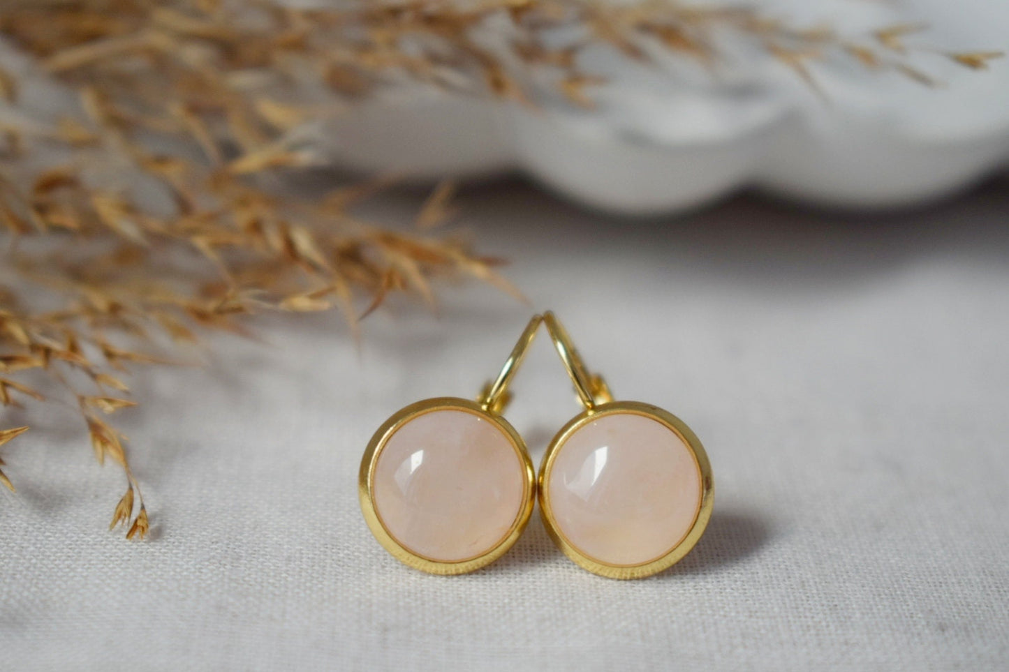 Rose quartz earrings dangle, 10mm, Gemstone round gold plated stainless steel lever back earrings, Jewelry gift for her