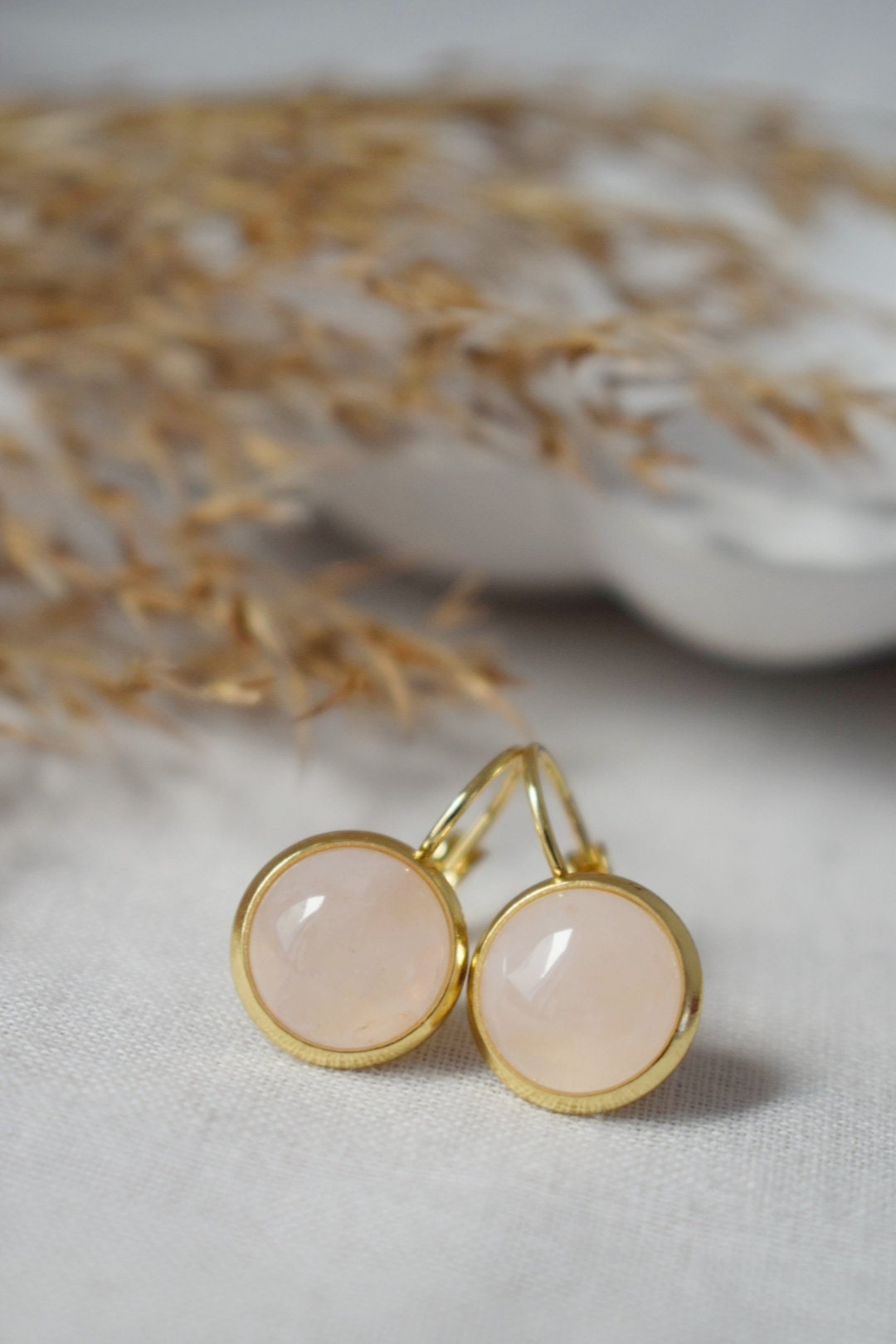 Rose quartz earrings dangle, 10mm, Gemstone round gold plated stainless steel lever back earrings, Jewelry gift for her