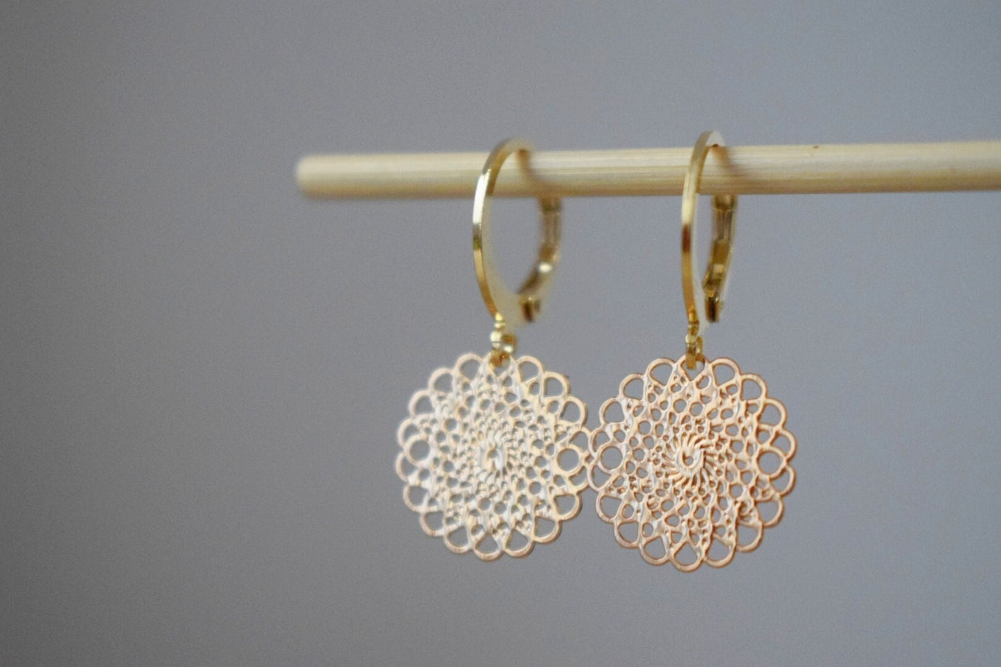 Ornament earrings for women, Mandala huggie hoops, Stainless steel earrings, Boho filigree gold earrings, Mandala jewelry, Gift for her
