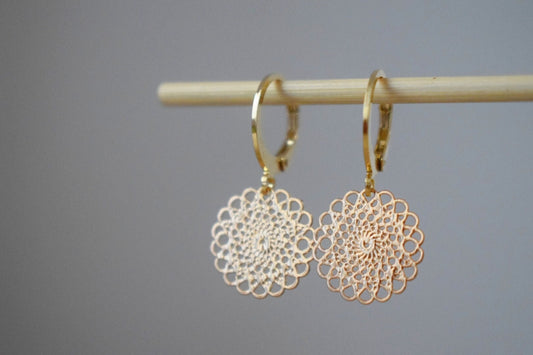 Ornament earrings for women, Mandala huggie hoops, Stainless steel earrings, Boho filigree gold earrings, Mandala jewelry, Gift for her