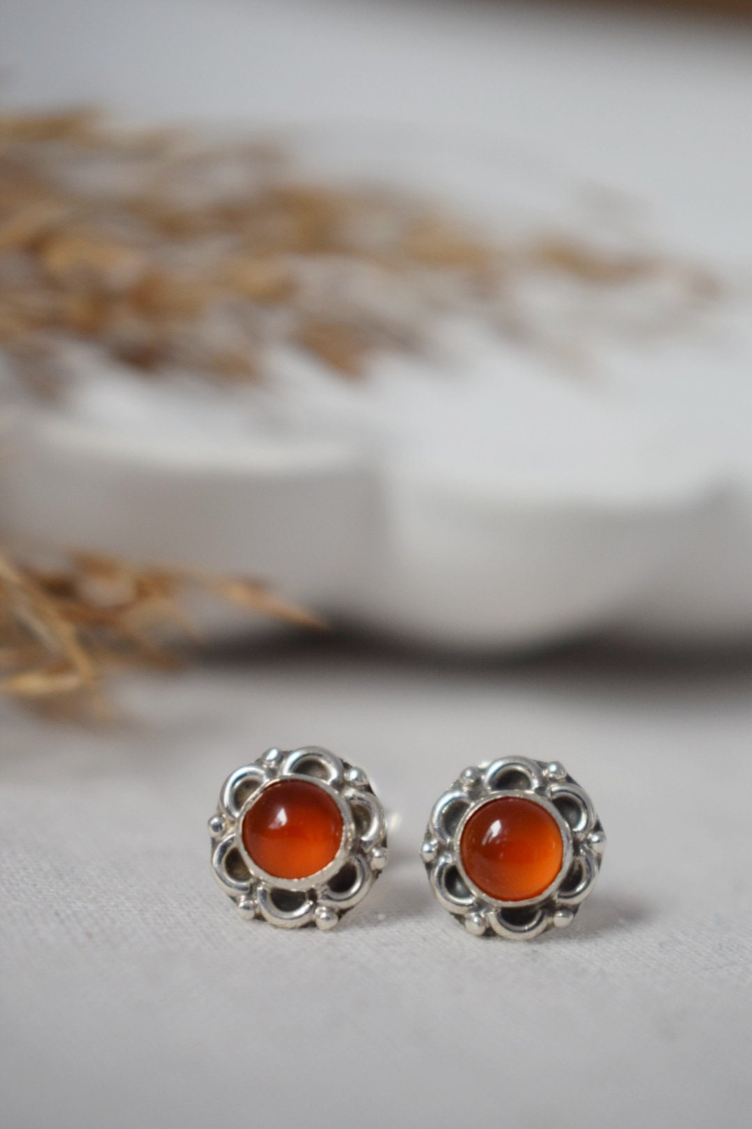 Small Carnelian Stud Earrings Sterling Silver, Flower Gemstone, Natural stone push back earrings, Birthstone Jewelry, Mother's day gift