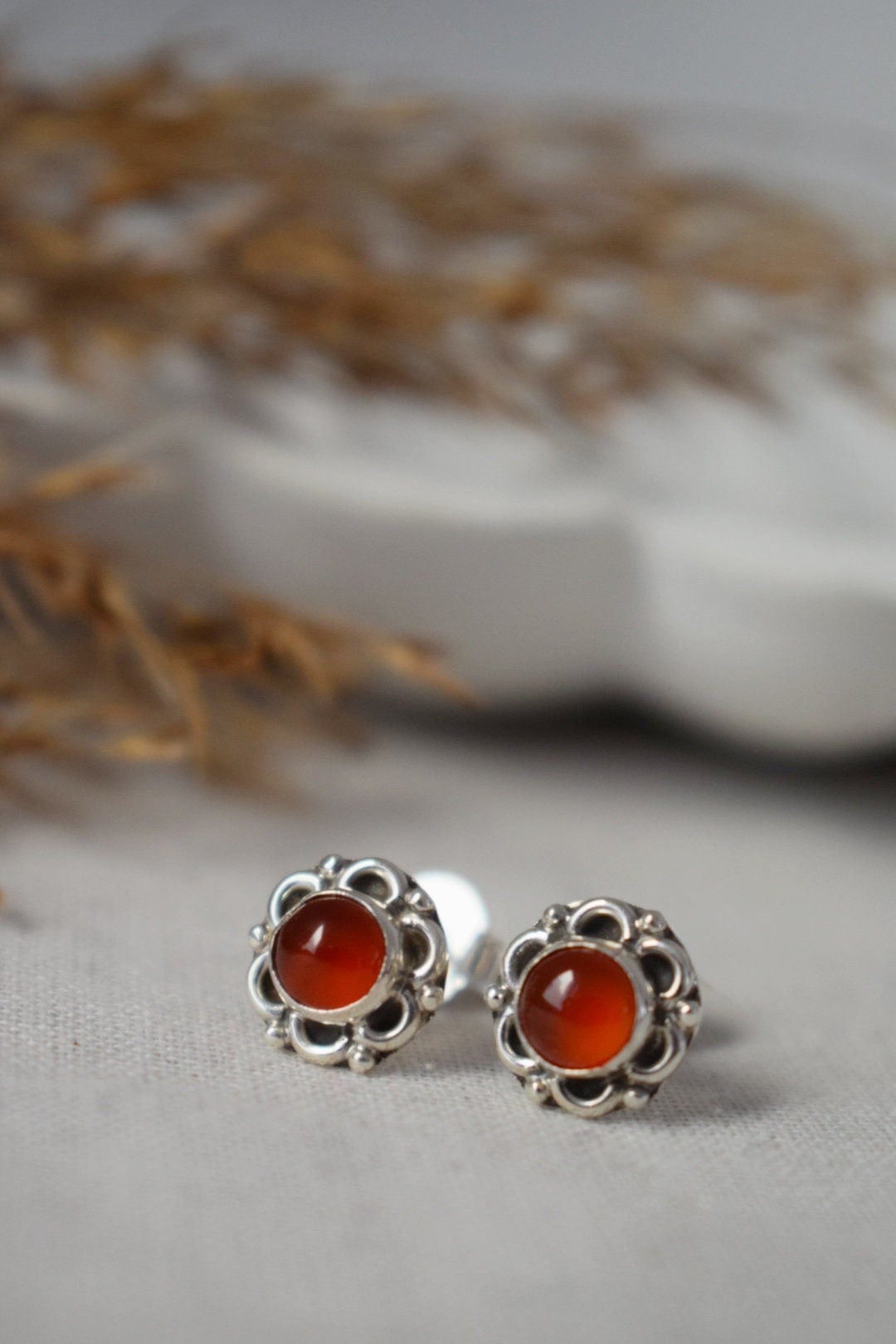 Small Carnelian Stud Earrings Sterling Silver, Flower Gemstone, Natural stone push back earrings, Birthstone Jewelry, Mother's day gift