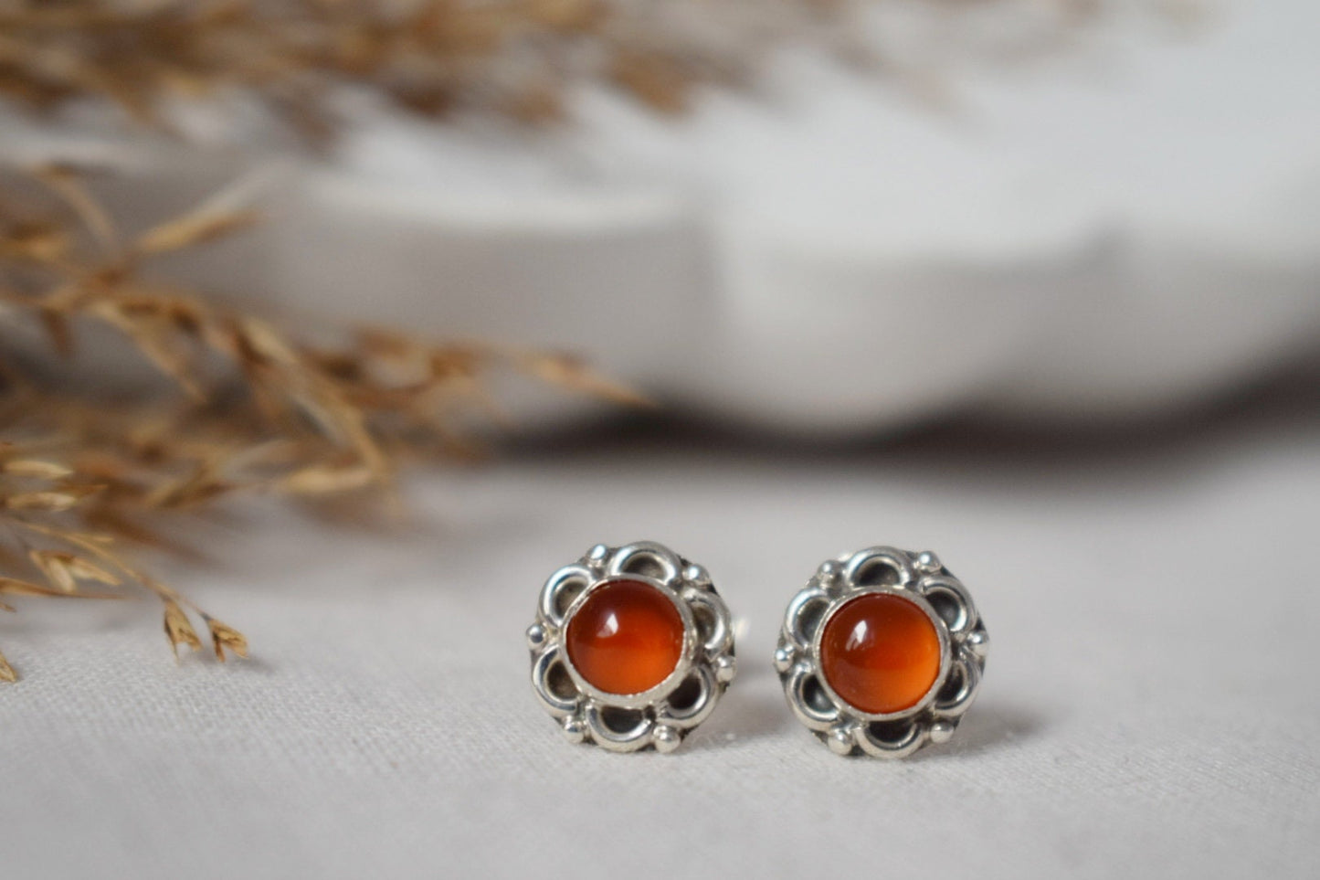 Small Carnelian Stud Earrings Sterling Silver, Flower Gemstone, Natural stone push back earrings, Birthstone Jewelry, Mother's day gift
