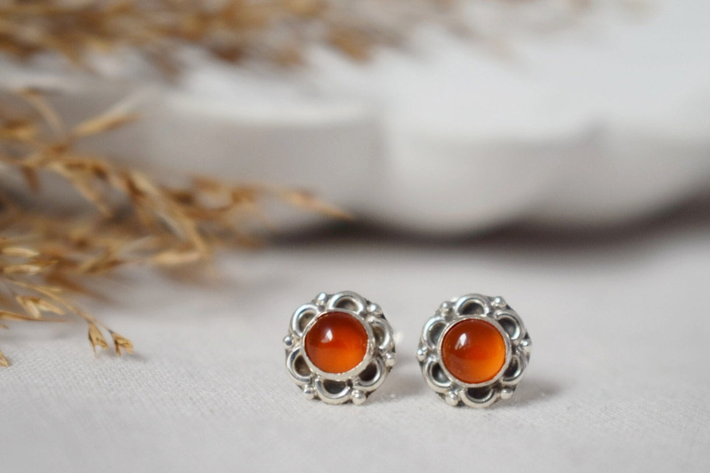 Small Carnelian Stud Earrings Sterling Silver, Flower Gemstone, Natural stone push back earrings, Birthstone Jewelry, Mother's day gift