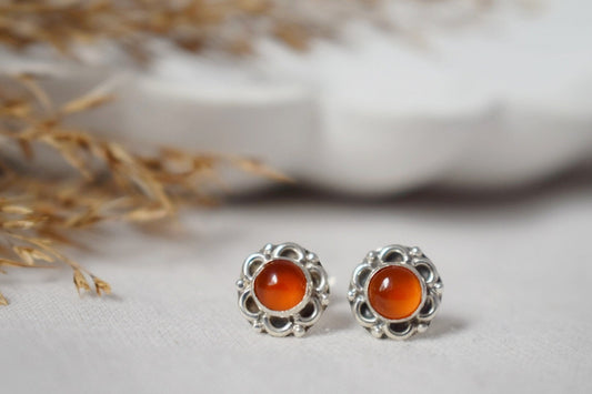 Small Carnelian Stud Earrings Sterling Silver, Flower Gemstone, Natural stone push back earrings, Birthstone Jewelry, Mother's day gift