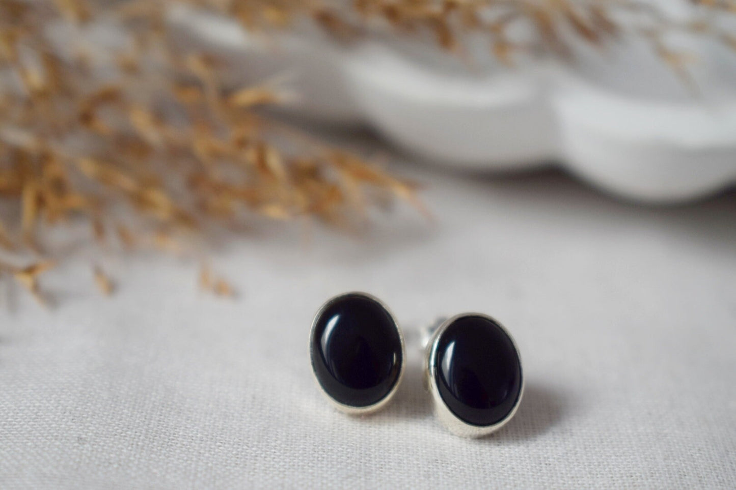 Black Onyx Stud Earrings, Minimalist 925 Sterling Silver Jewelry, Small Oval Gemstone Push Back Earrings, Natural Stone, Best Birthday Gift