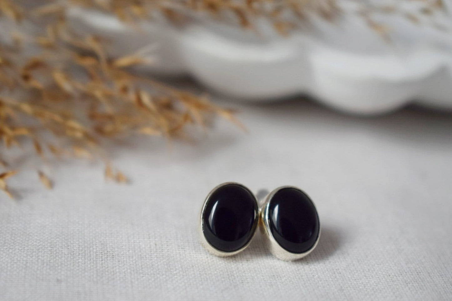Black Onyx Stud Earrings, Minimalist 925 Sterling Silver Jewelry, Small Oval Gemstone Push Back Earrings, Natural Stone, Best Birthday Gift