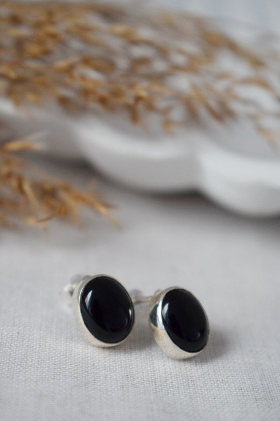Black Onyx Stud Earrings, Minimalist 925 Sterling Silver Jewelry, Small Oval Gemstone Push Back Earrings, Natural Stone, Best Birthday Gift
