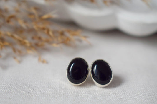 Black Onyx Stud Earrings, Minimalist 925 Sterling Silver Jewelry, Small Oval Gemstone Push Back Earrings, Natural Stone, Best Birthday Gift