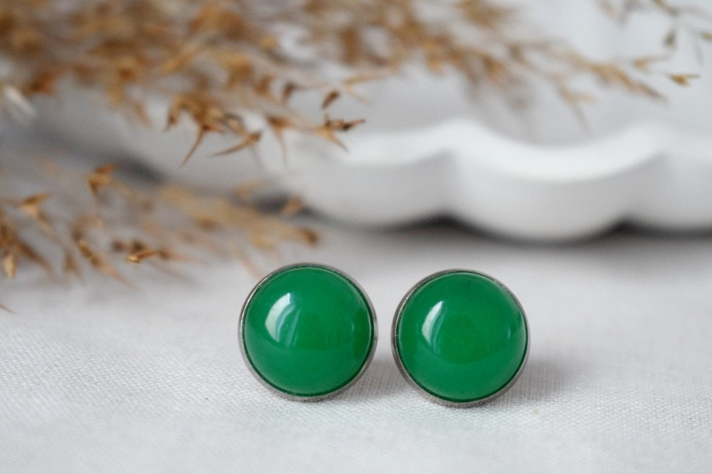 Green Jade Stud Earrings, 12mm Round Gemstone Studs, Stainless Steel Push Beck Earrings, Jewelry Gift, Mother's day gift