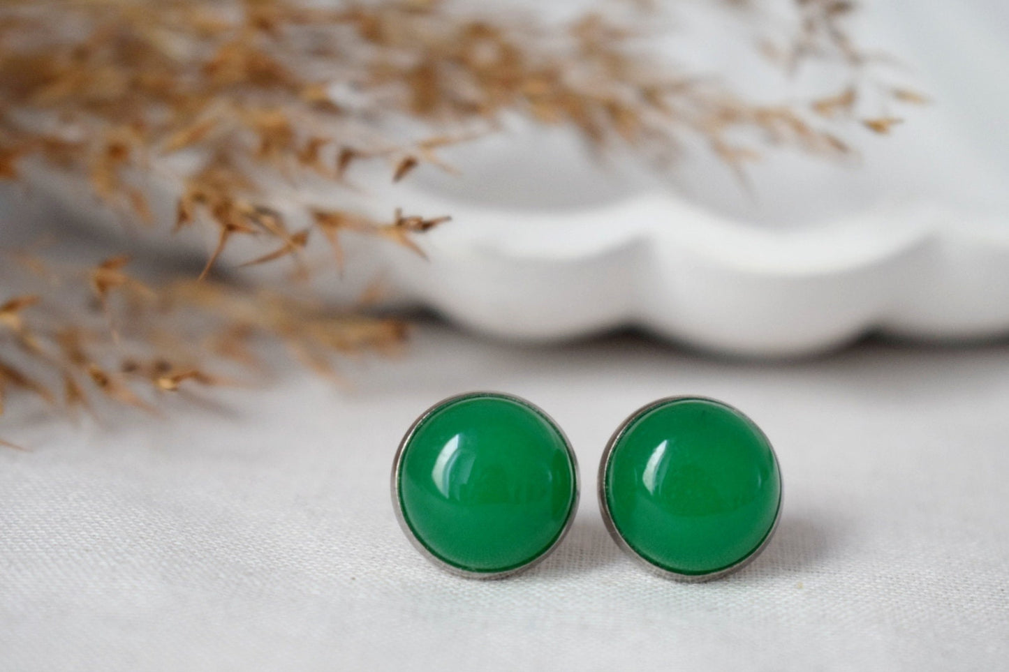 Green Jade Stud Earrings, 12mm Round Gemstone Studs, Stainless Steel Push Beck Earrings, Jewelry Gift, Mother's day gift