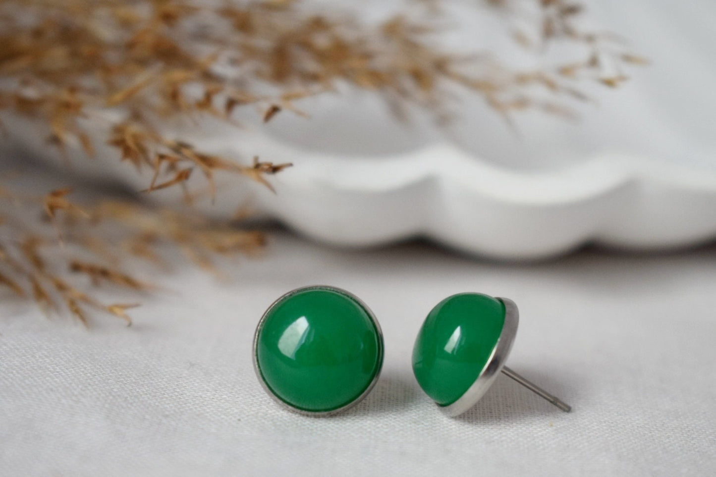 Green Jade Stud Earrings, 12mm Round Gemstone Studs, Stainless Steel Push Beck Earrings, Jewelry Gift, Mother's day gift