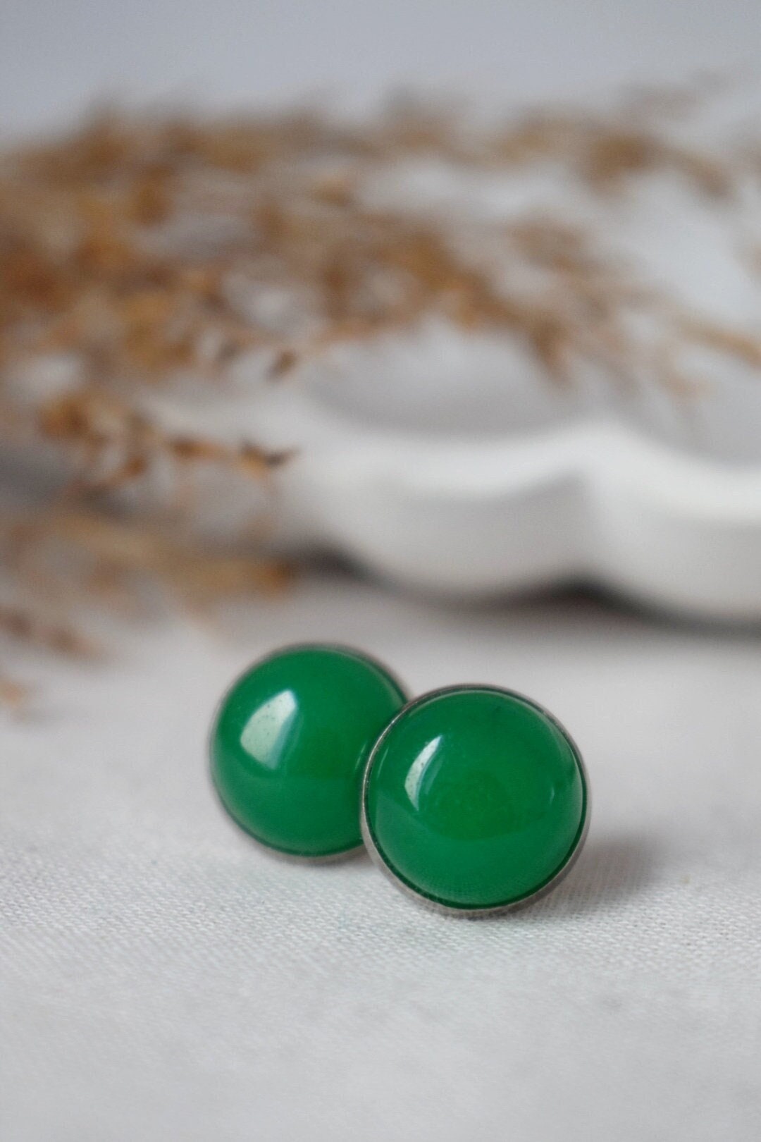 Green Jade Stud Earrings, 12mm Round Gemstone Studs, Stainless Steel Push Beck Earrings, Jewelry Gift, Mother's day gift