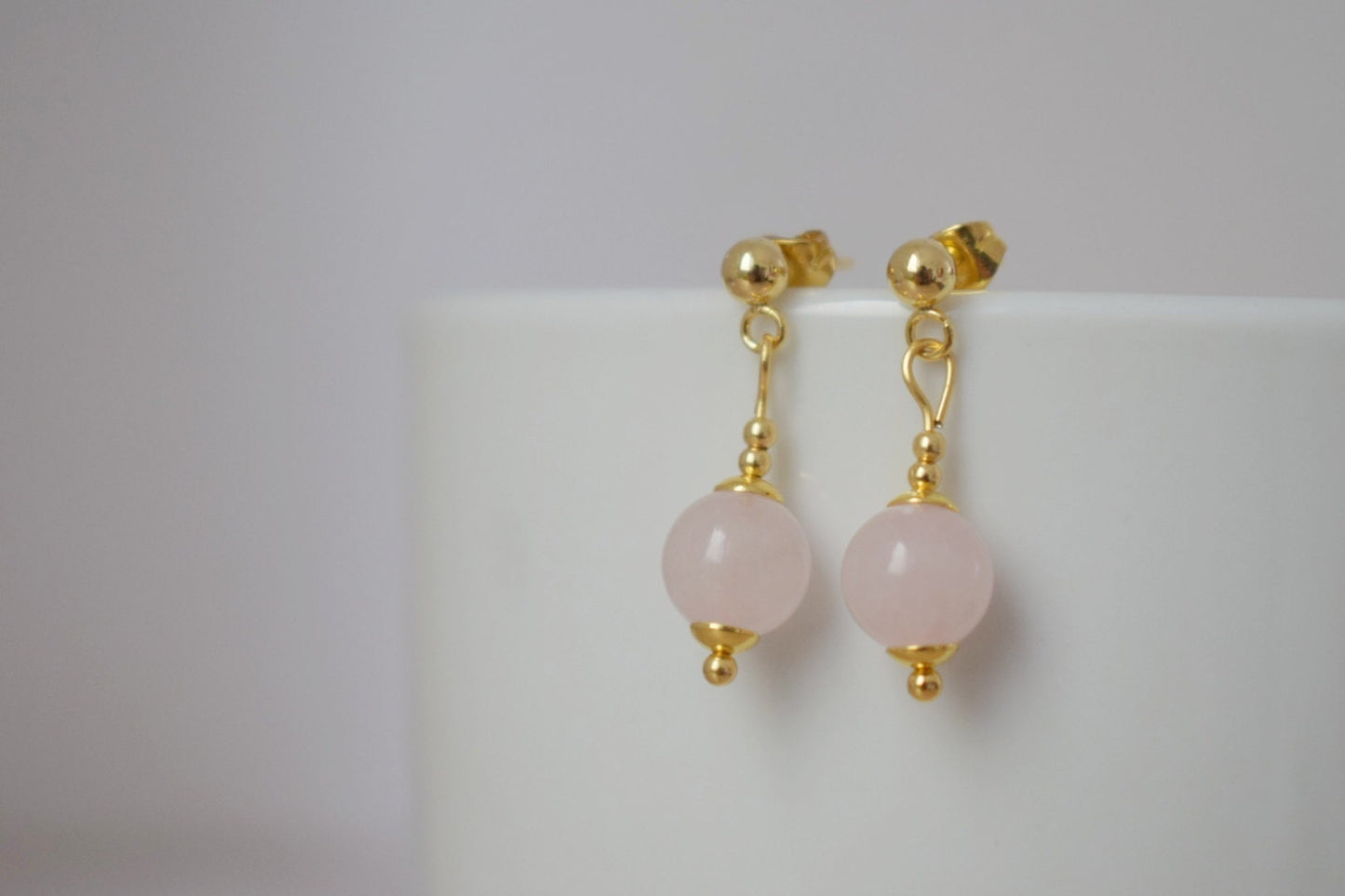 Rose quartz stud earrings, Gemstone bead pendant, 24k gold plated stainless steel push back earrings, Rose quartz jewelry, Handmade gift