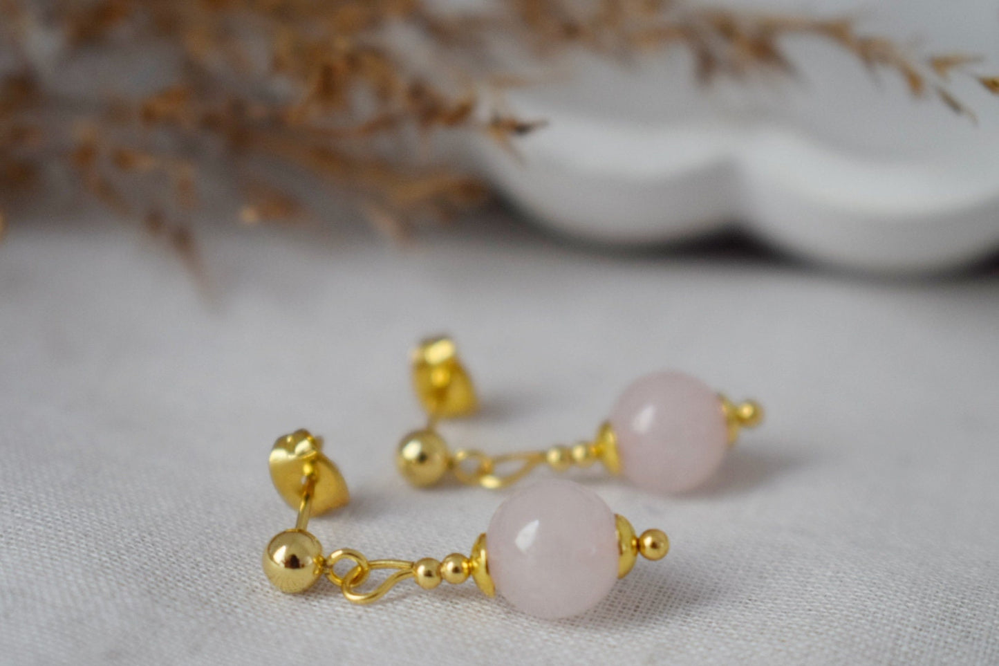 Rose quartz stud earrings, Gemstone bead pendant, 24k gold plated stainless steel push back earrings, Rose quartz jewelry, Handmade gift