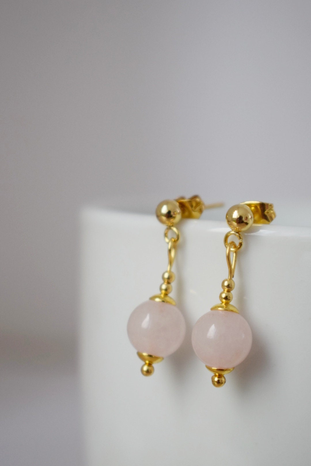 Rose quartz stud earrings, Gemstone bead pendant, 24k gold plated stainless steel push back earrings, Rose quartz jewelry, Handmade gift