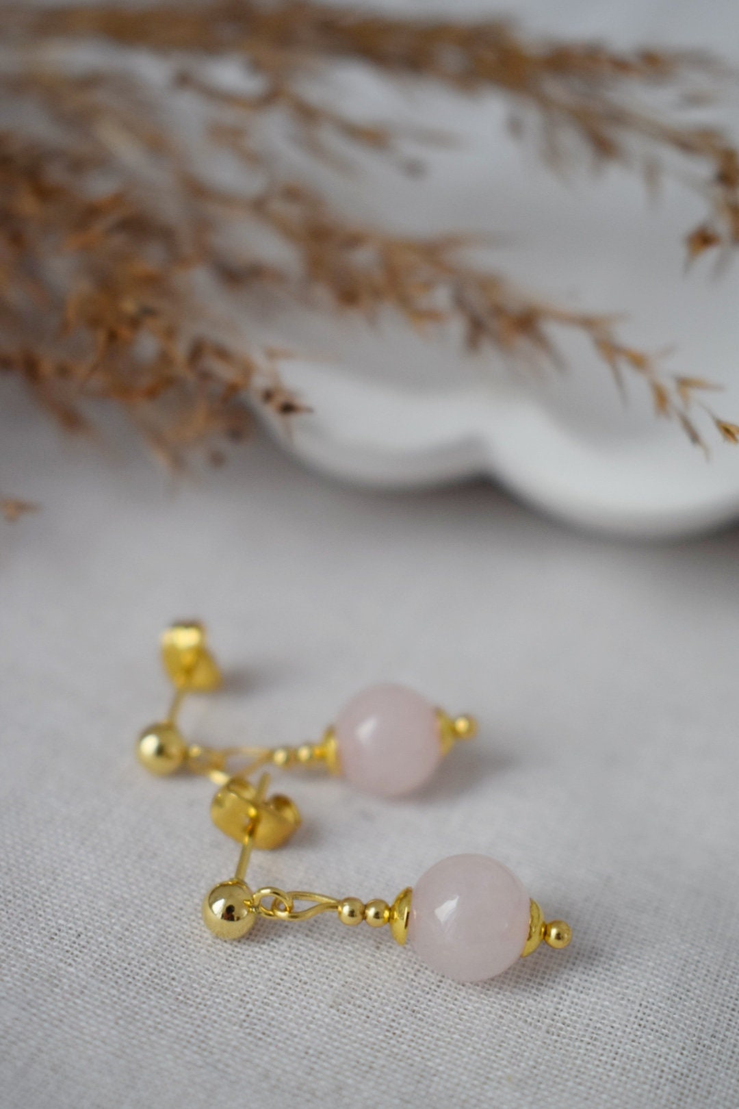 Rose quartz stud earrings, Gemstone bead pendant, 24k gold plated stainless steel push back earrings, Rose quartz jewelry, Handmade gift