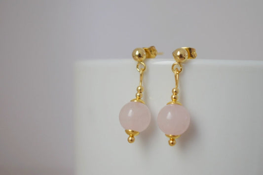 Rose quartz stud earrings, Gemstone bead pendant, 24k gold plated stainless steel push back earrings, Rose quartz jewelry, Handmade gift