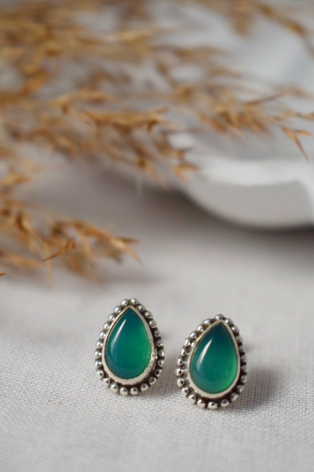 Teardrop Green Onyx Stud Earrings in 925 Sterling Silver, Small Drop Gemstone Studs For Her, Unique natural stone Jewelry, Mothers day gift