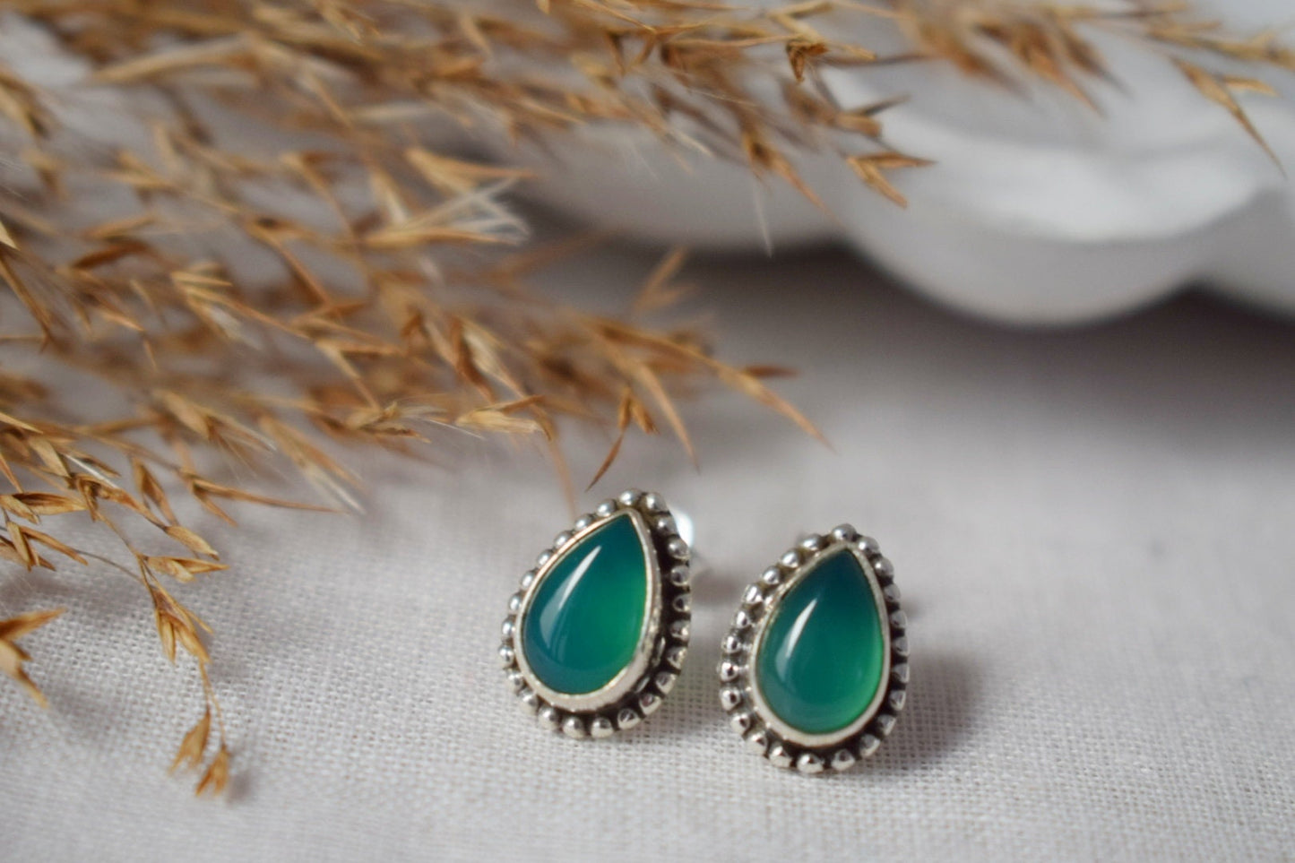 Teardrop Green Onyx Stud Earrings in 925 Sterling Silver, Small Drop Gemstone Studs For Her, Unique natural stone Jewelry, Mothers day gift