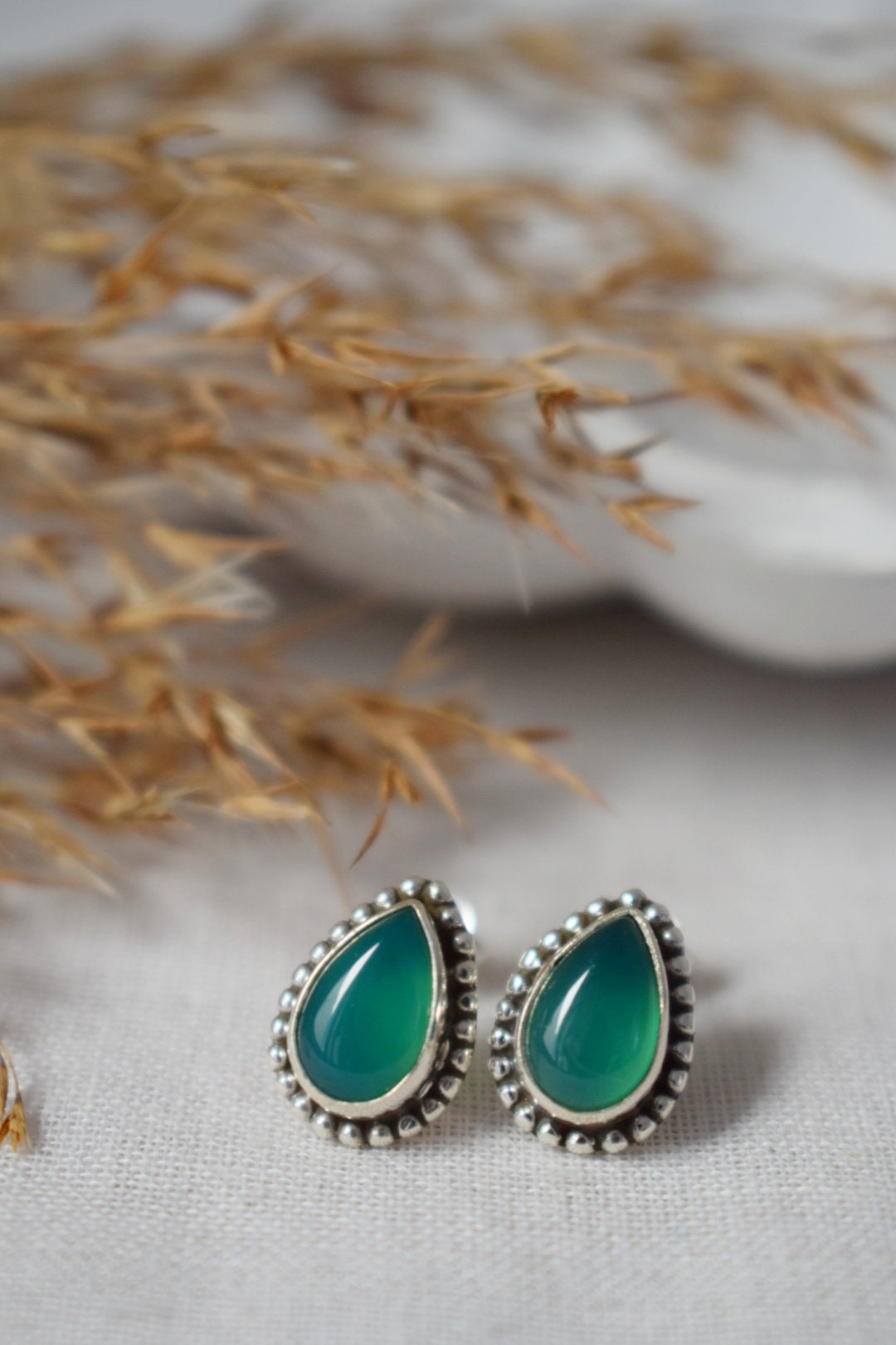 Teardrop Green Onyx Stud Earrings in 925 Sterling Silver, Small Drop Gemstone Studs For Her, Unique natural stone Jewelry, Mothers day gift