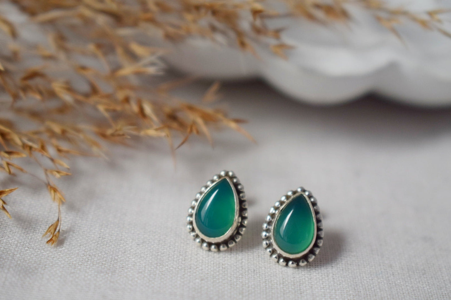 Teardrop Green Onyx Stud Earrings in 925 Sterling Silver, Small Drop Gemstone Studs For Her, Unique natural stone Jewelry, Mothers day gift