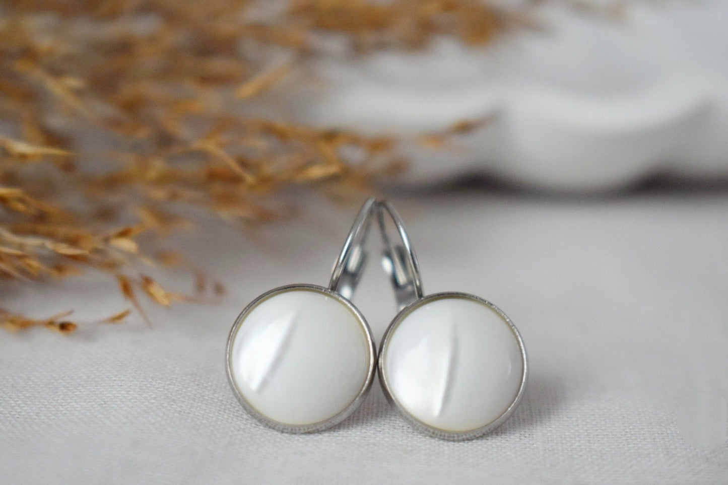 Mother of pearl earrings dangle, 12mm round lever back stainless steel earrings, Shell jewelry, Best unique Gift, Mother's day gift