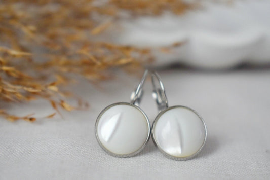 Mother of pearl earrings dangle, 12mm round lever back stainless steel earrings, Shell jewelry, Best unique Gift, Mother's day gift