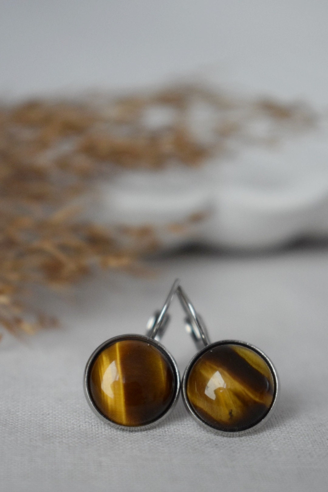 Tigers eye dangle earrings with 12mm round stainless steel lever back earrings, Gemstone jewelry gift for her, Best mother's day gift