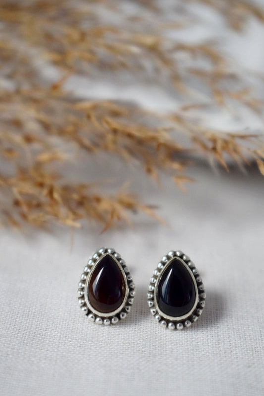 Mother's day gifts, Boho Black Onyx Stud Earrings, Teardrop Natural Stone Sterling Silver Handmade Jewelry, Ornament Gemstone Gothic Studs