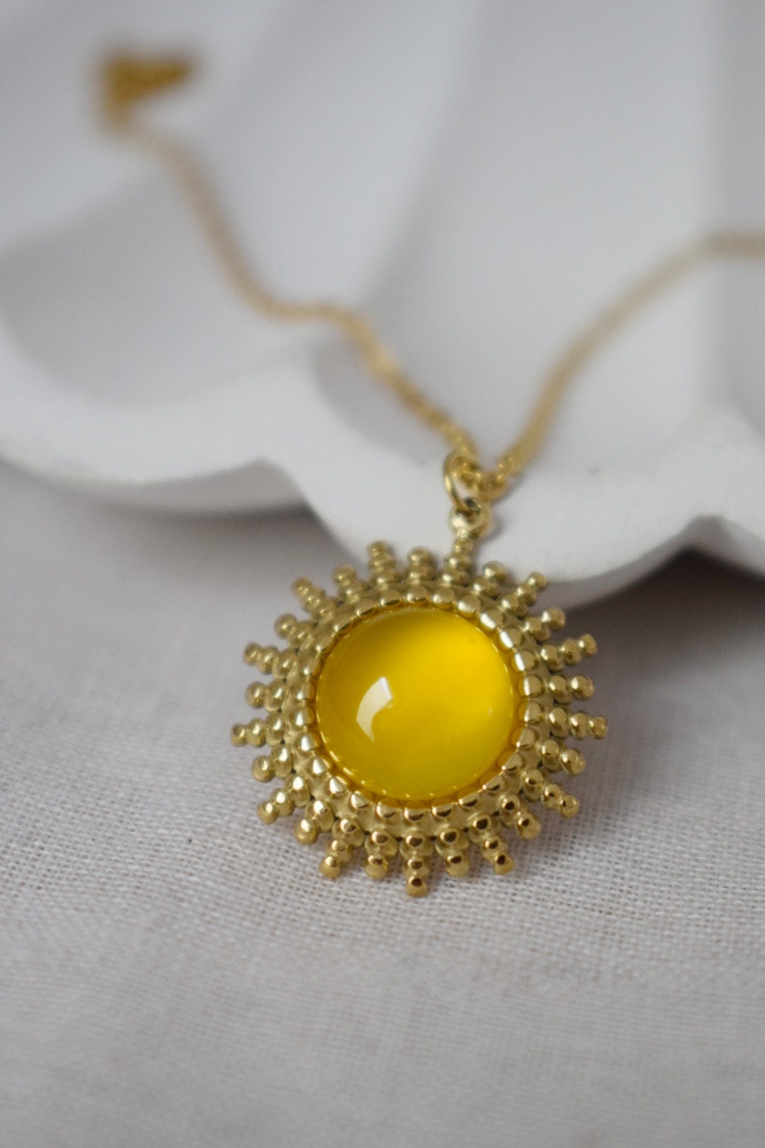 Yellow agate necklace, 14k gold plated stainless steel round sun pendant with adjustable necklace chain, Birthstone unique jewelry gift