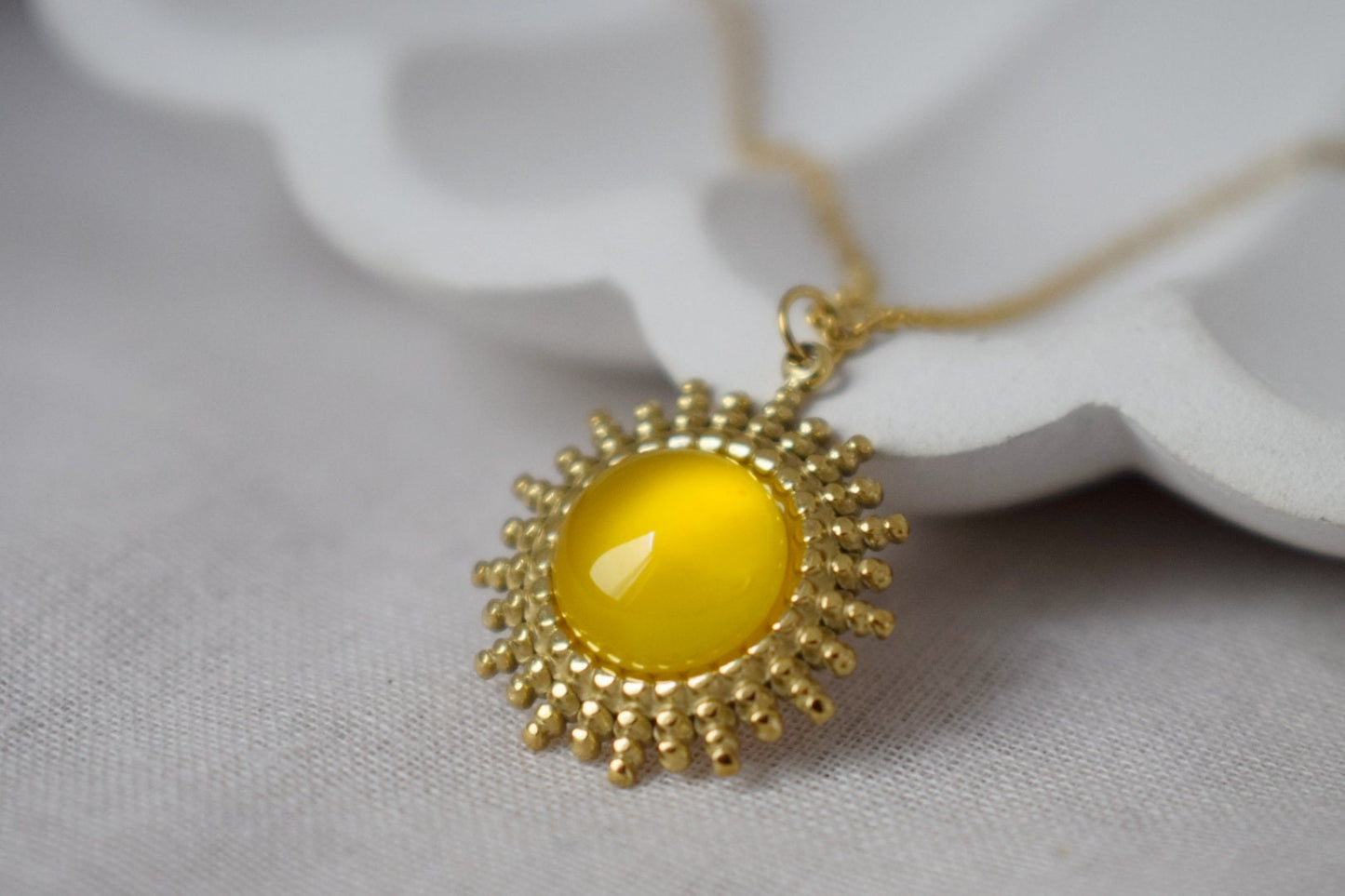 Yellow agate necklace, 14k gold plated stainless steel round sun pendant with adjustable necklace chain, Birthstone unique jewelry gift