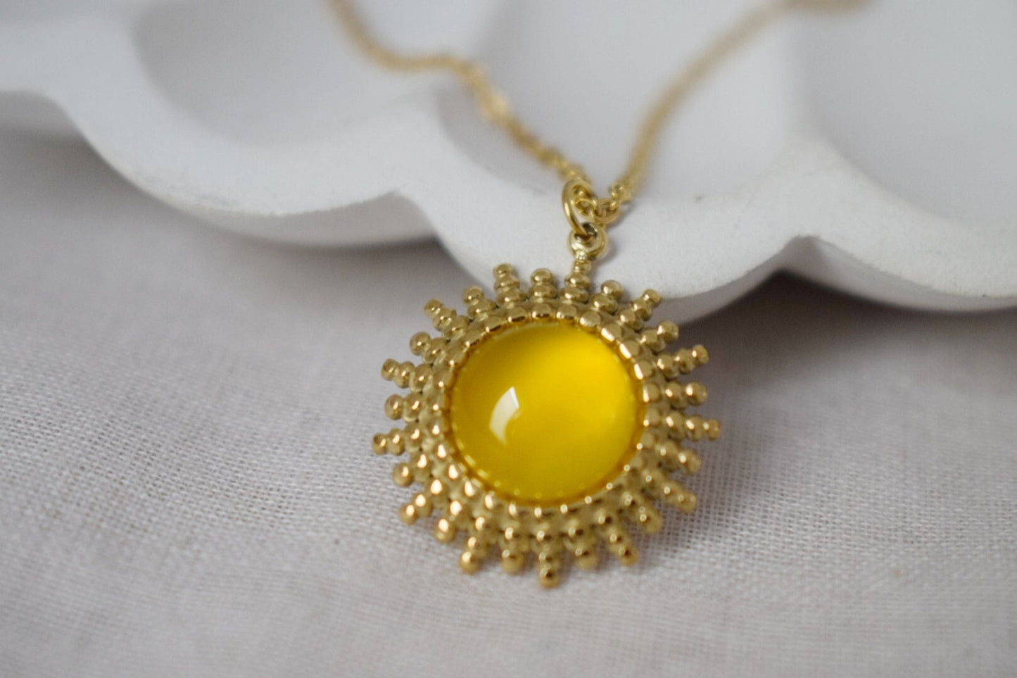 Yellow agate necklace, 14k gold plated stainless steel round sun pendant with adjustable necklace chain, Birthstone unique jewelry gift